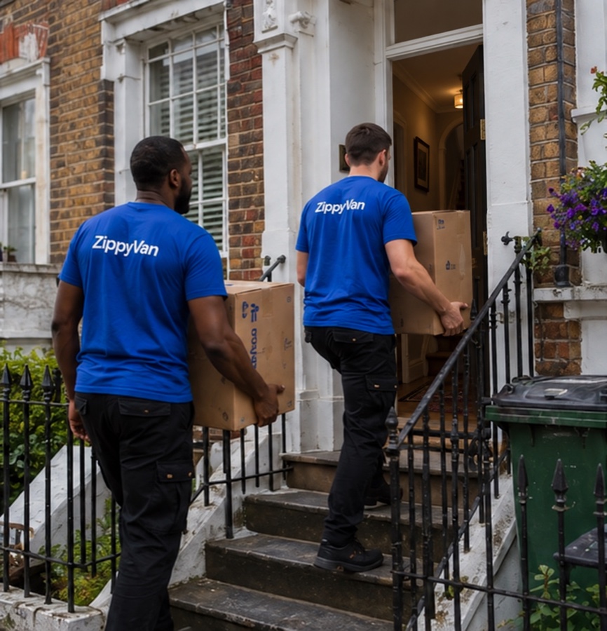Two ZippyVan movers carrying moving boxes towards an open front door