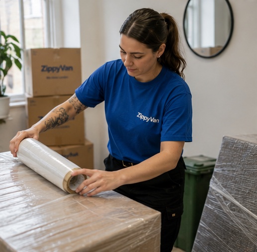 ZippyVan team member wrapping furniture for protection during a move