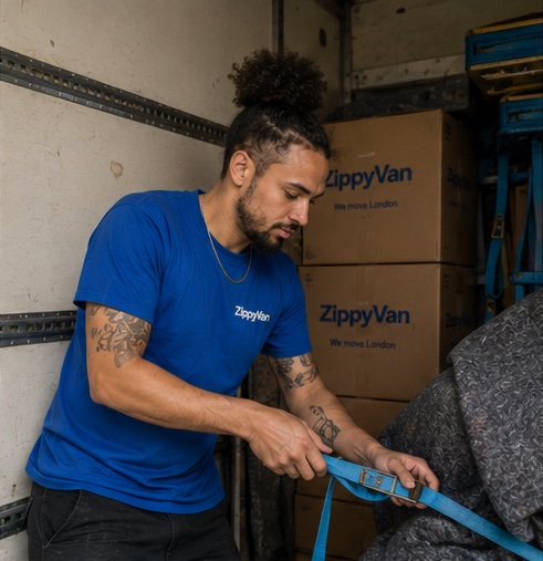 ZippyVan mover securing protected furniture with a loading strap