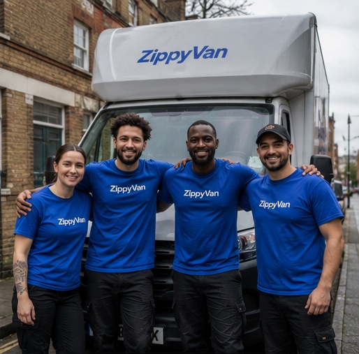 ZippyVan team in blue uniforms standing together in front of a branded Luton van