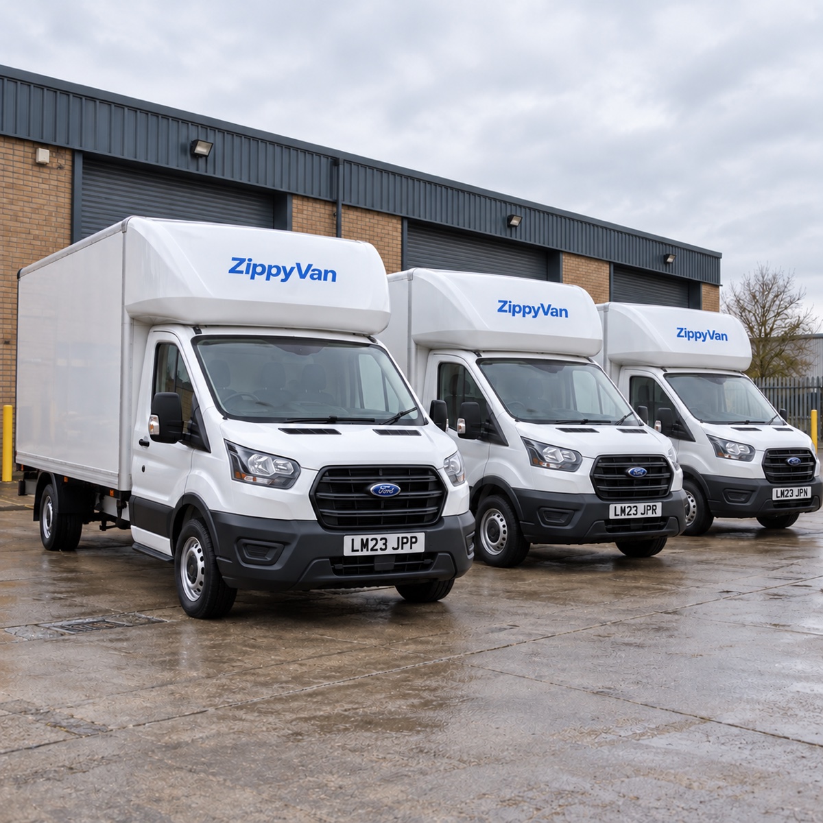 Illustration of three white ZippyVan Luton vans parked side by side outside a warehouse